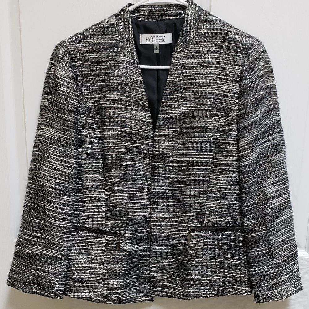 Kasper Womens Gray Multicolor Metallic Tweed Boucle Open Front Blazer Sz 8